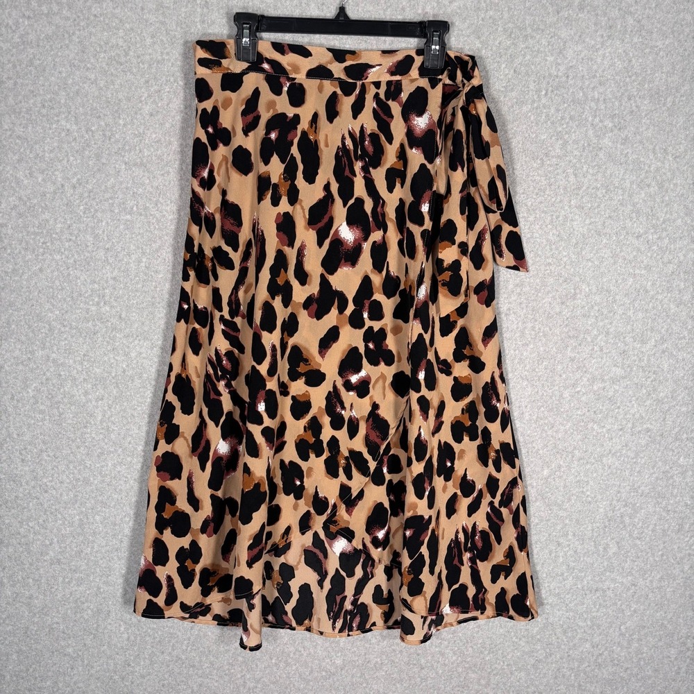 Leopard Print Wrap Midi Skirt Large Tan Brown Tie Waist Flowy Neutral Safari